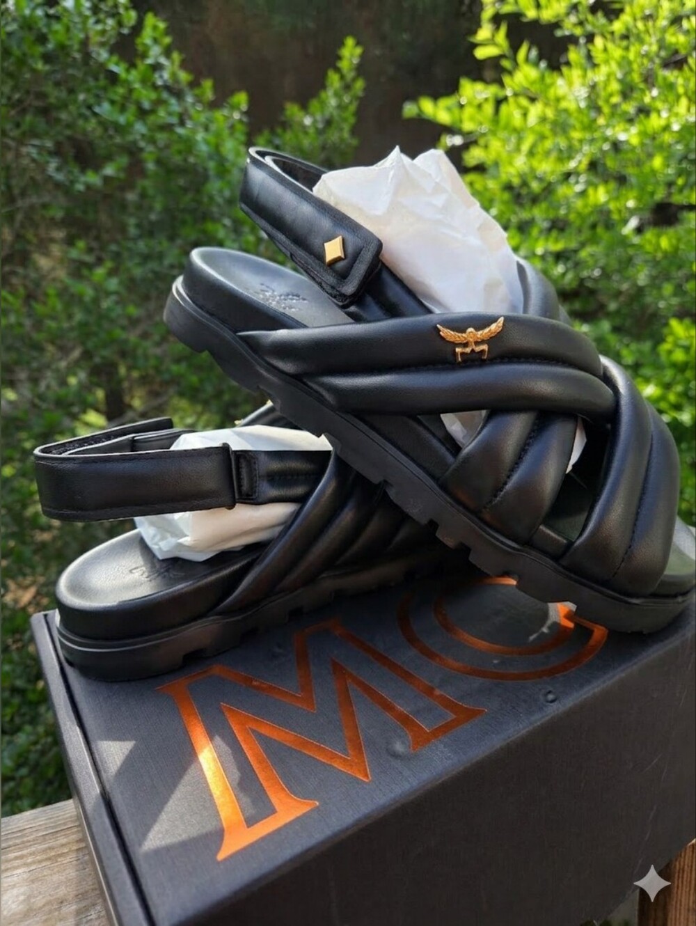 Unisex New MCM Black Crisscross Padded Slide Sandals with Gold Emblem